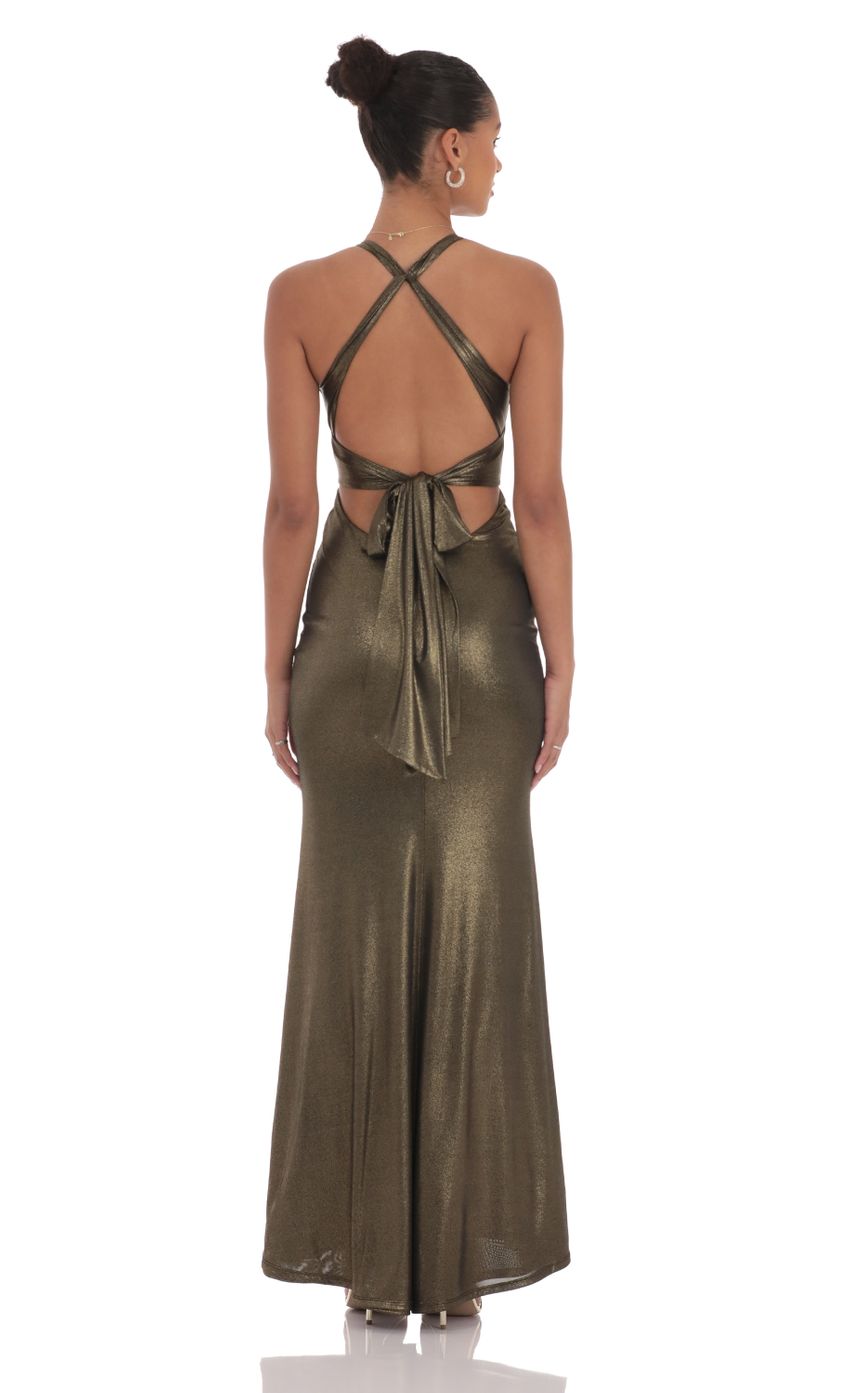 Picture Foiled Twist V-Neck Maxi Dress in Black and Gold. Source: https://media-img.lucyinthesky.com/data/Sep24/850xAUTO/80a0c755-1832-4029-979b-de0875a20bf0.jpg