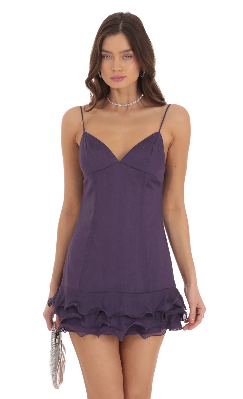 Picture Shimmer Open Back Ruffle Dress in Purple. Source: https://media-img.lucyinthesky.com/data/Sep24/850xAUTO/8e0354ec-7d63-43ff-80e0-069ed9fa81da.jpg