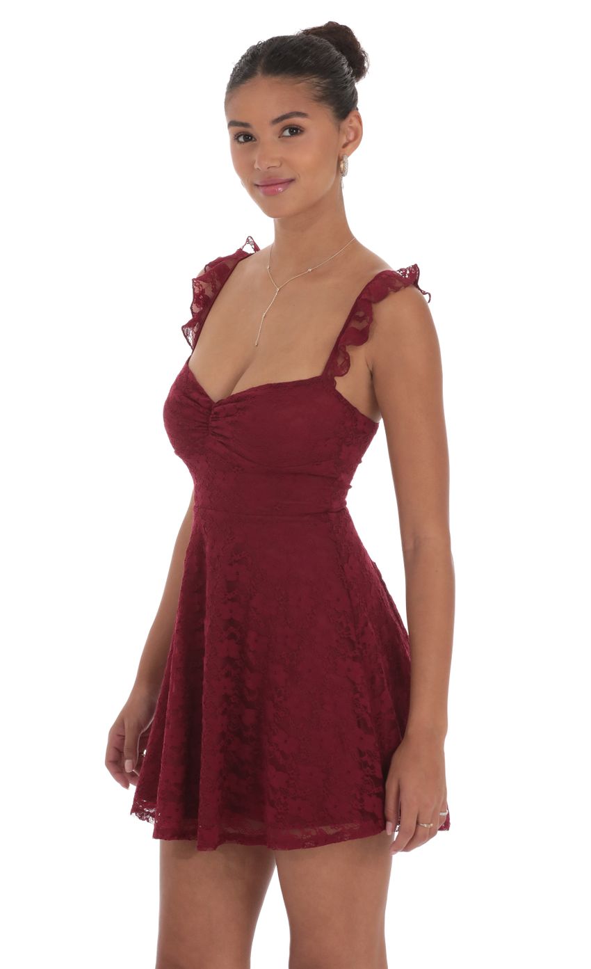 Picture Lace Ruffle Strap A-Line Dress in Burgundy. Source: https://media-img.lucyinthesky.com/data/Sep24/850xAUTO/8f63d28c-157e-4b63-aa24-9bc03470dcb8.jpg