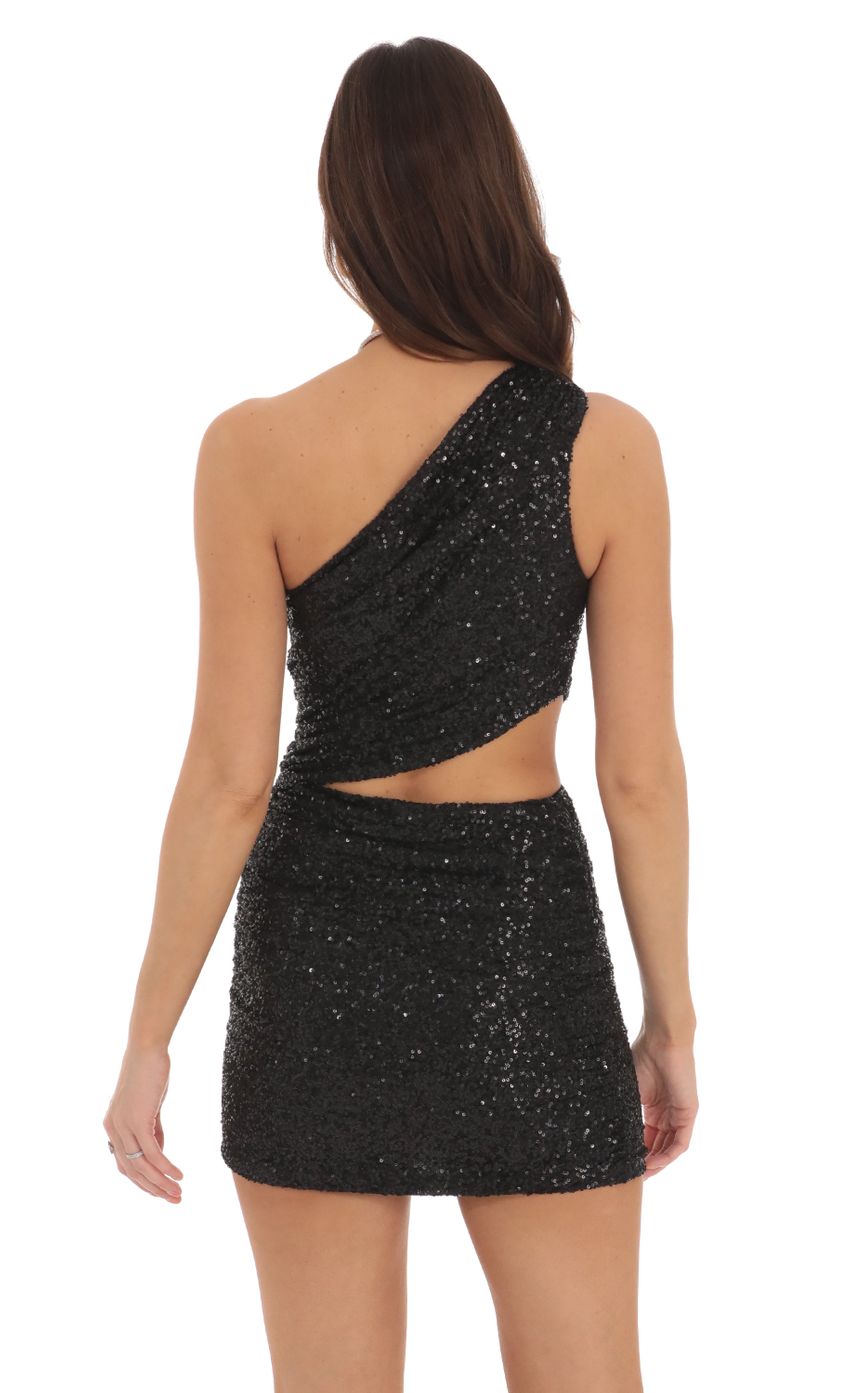 Picture Sequin One Shoulder Cutout Dress in Black. Source: https://media-img.lucyinthesky.com/data/Sep24/850xAUTO/97937428-b5f0-4719-aae6-88d715c982a4.jpg