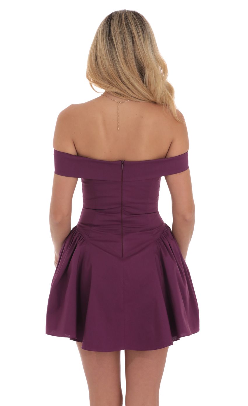 Picture Off Shoulder Fit and Flare Dress in Purple. Source: https://media-img.lucyinthesky.com/data/Sep24/850xAUTO/9c11cbba-f384-47ca-9117-8eef78442529.jpg