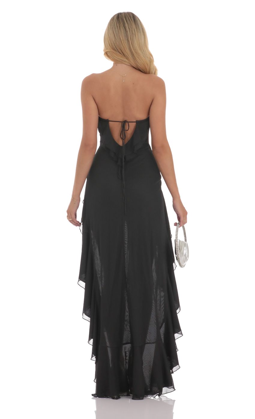 Picture Strapless Mesh High Low Dress in Black. Source: https://media-img.lucyinthesky.com/data/Sep24/850xAUTO/9d0bfdca-4090-42be-a6ce-fa48b85a617a.jpg