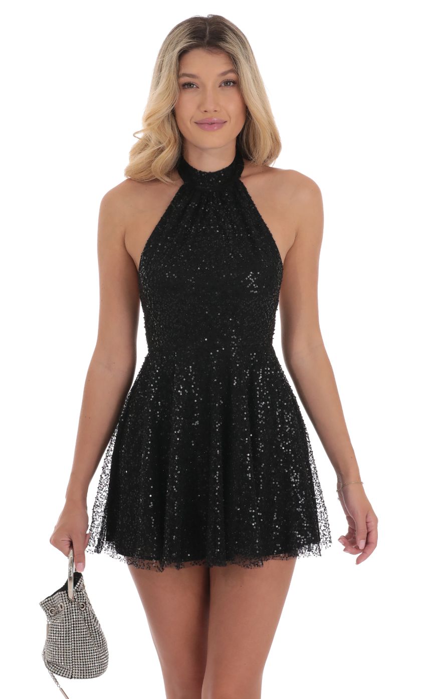 Picture Sequin Halter A-line Dress in Black. Source: https://media-img.lucyinthesky.com/data/Sep24/850xAUTO/b11c34ad-7fb3-48ef-946b-3ac8b94aabd3.jpg