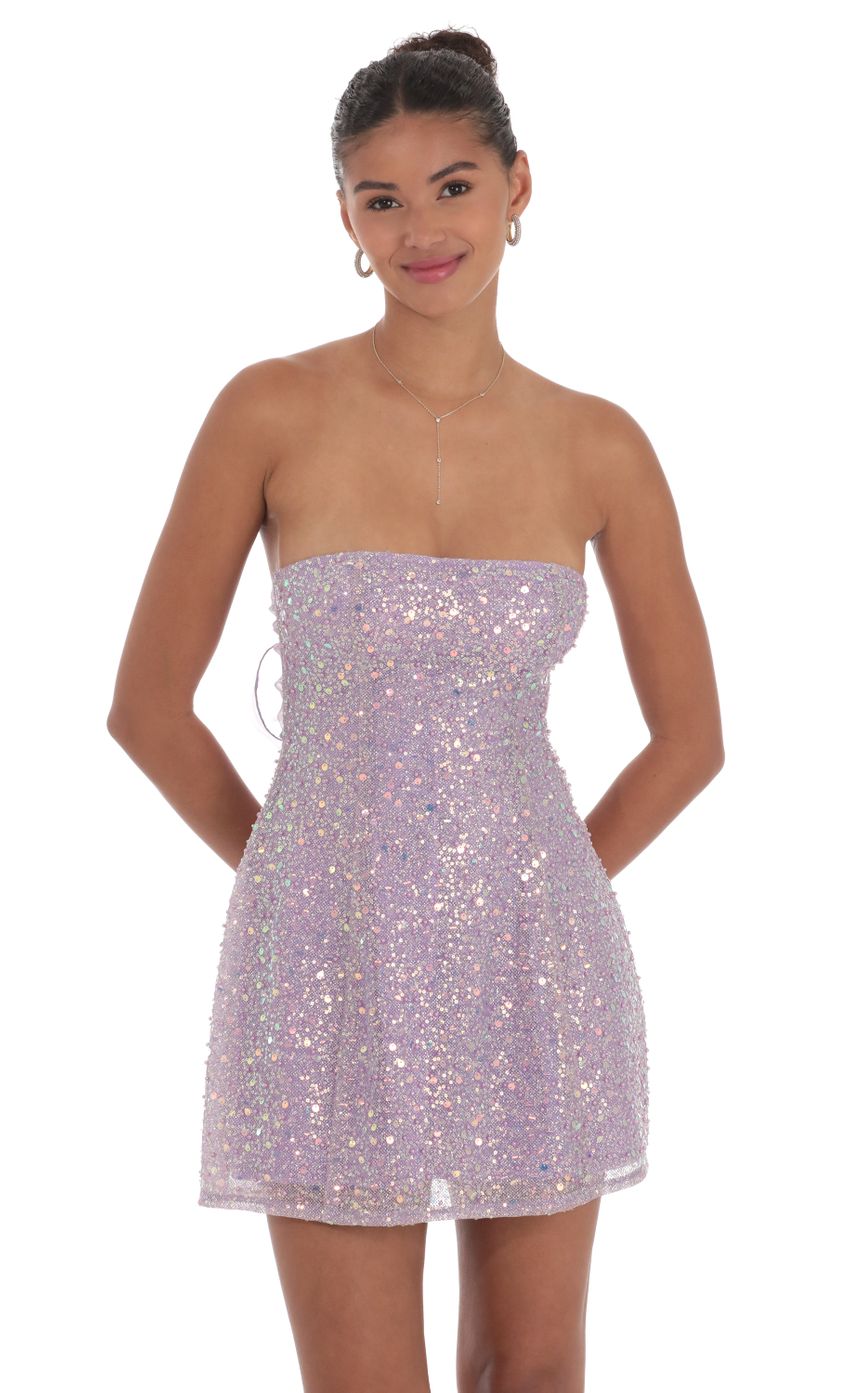 Picture Sequin Glitter Strapless Fit and Flare Dress in Lilac. Source: https://media-img.lucyinthesky.com/data/Sep24/850xAUTO/b88f44e9-97d1-4be9-9085-2949818cdcf6.jpg