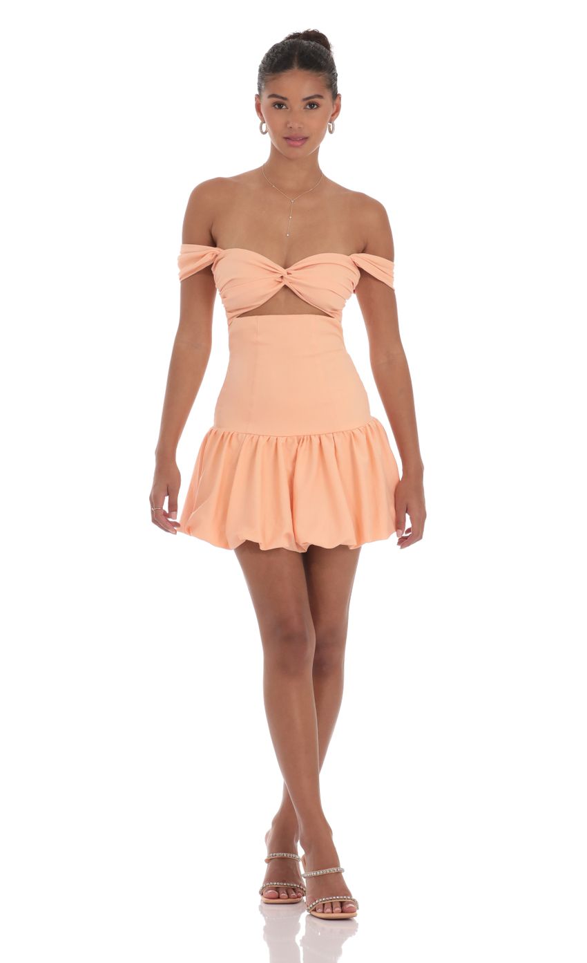 Picture Off Shoulder Cutout Bubble Dress in Orange. Source: https://media-img.lucyinthesky.com/data/Sep24/850xAUTO/bdd924ff-d822-4b78-9261-5286673b43b4.jpg