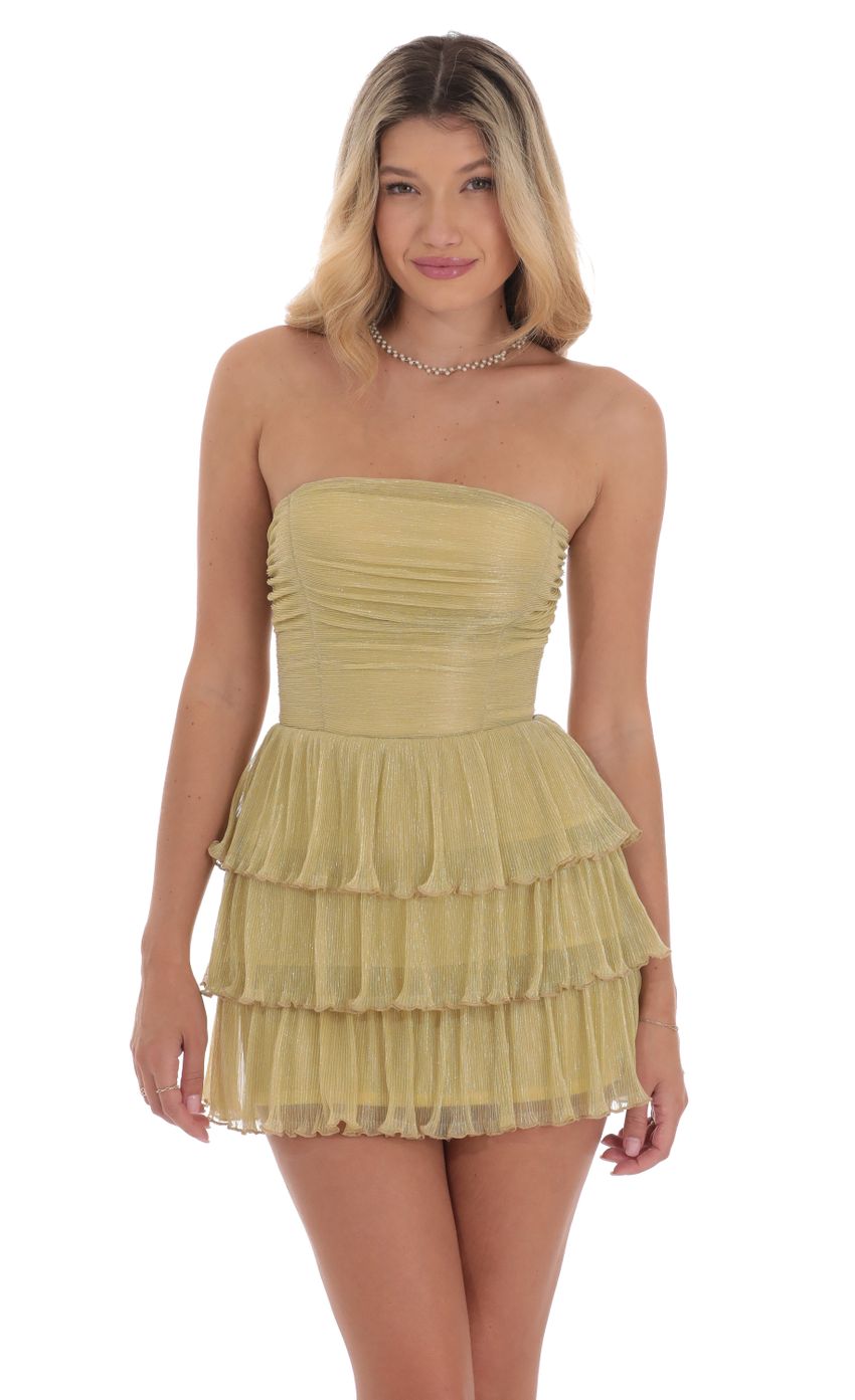 Picture Shimmer Pleated Ruffle Dress in Mustard. Source: https://media-img.lucyinthesky.com/data/Sep24/850xAUTO/ca99f71b-3deb-4158-b636-63069f270d22.jpg