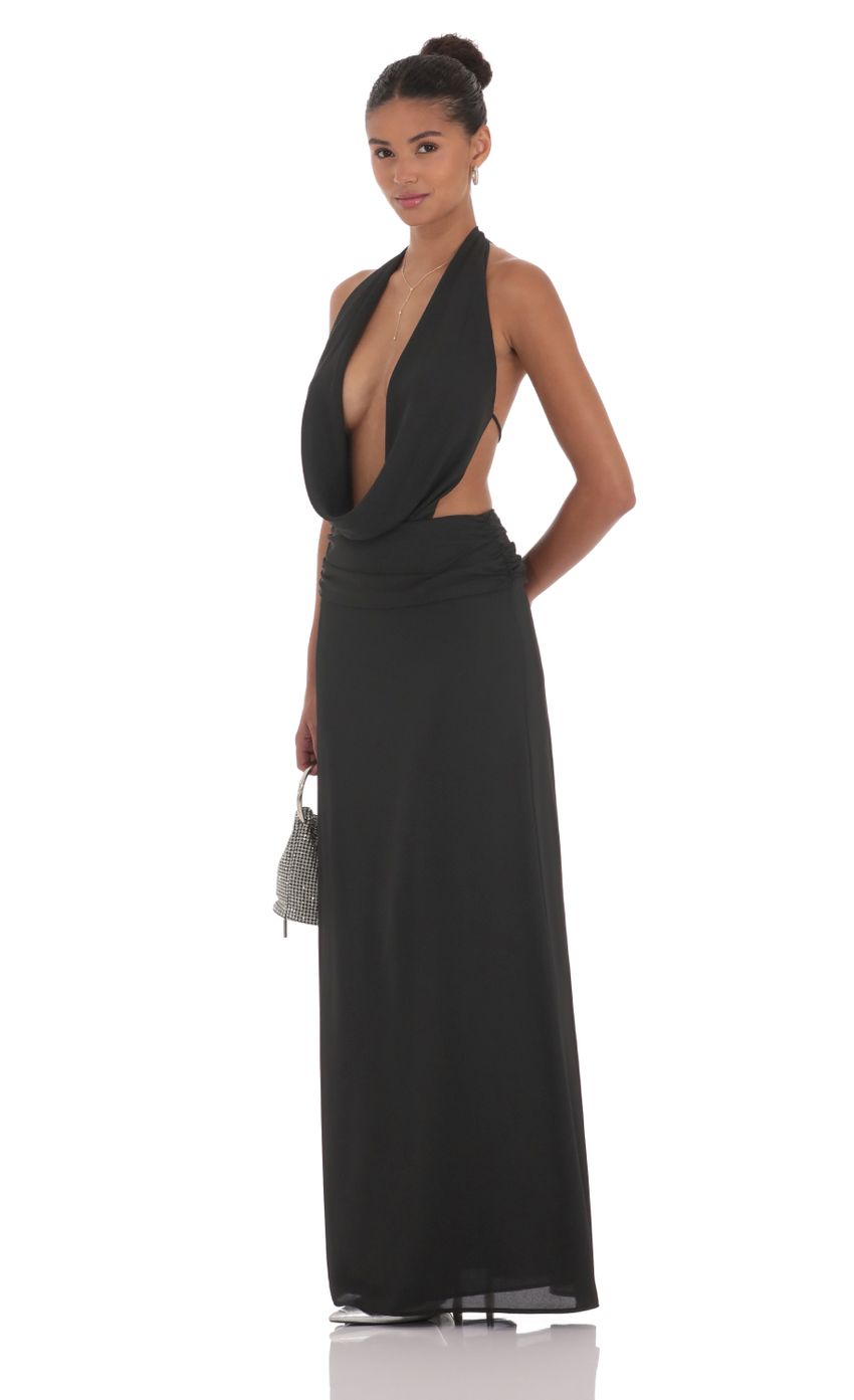 Picture Draped Halter Maxi Dress in Black. Source: https://media-img.lucyinthesky.com/data/Sep24/850xAUTO/d3141fcf-edd6-4ee7-b537-c1c2aae856b2.jpg