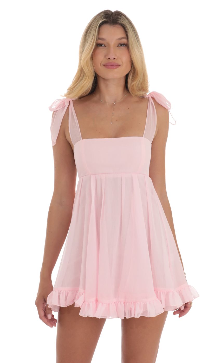 Picture Shimmer Ruffle Babydoll Dress in Pink. Source: https://media-img.lucyinthesky.com/data/Sep24/850xAUTO/d3c7802d-310d-472f-a3f1-08247f4580a3.jpg