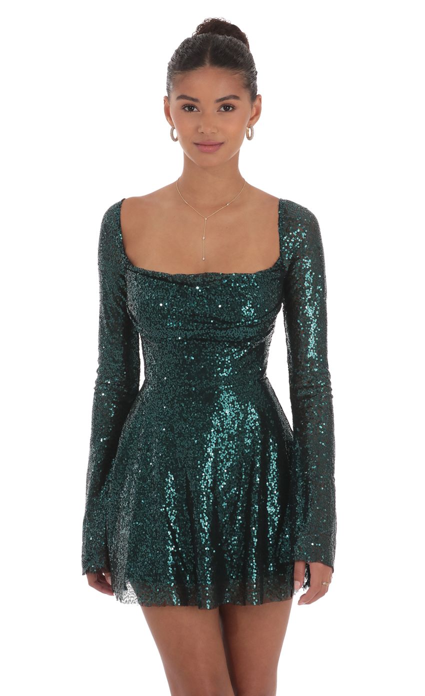 Picture Sequin Long Sleeve Fit and Flare Dress in Green. Source: https://media-img.lucyinthesky.com/data/Sep24/850xAUTO/f2f08514-6cbf-45b1-8763-068181112a45.jpg