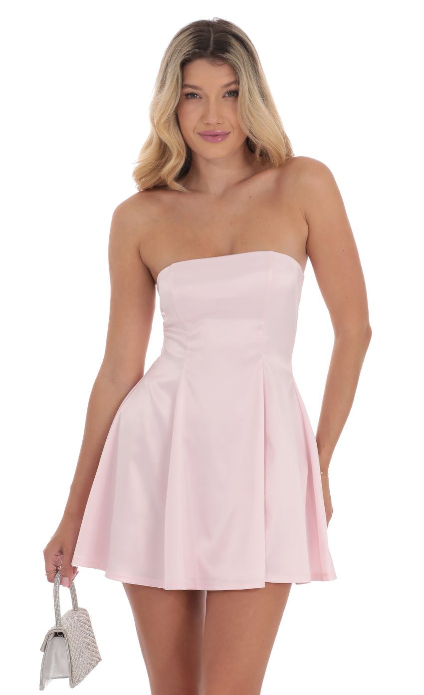 Picture Strapless Satin Fit and Flare Dress in Pink. Source: https://media-img.lucyinthesky.com/data/Sep24/850xAUTO/fa565ae5-09c2-469c-a171-a5f310b90e17.jpg