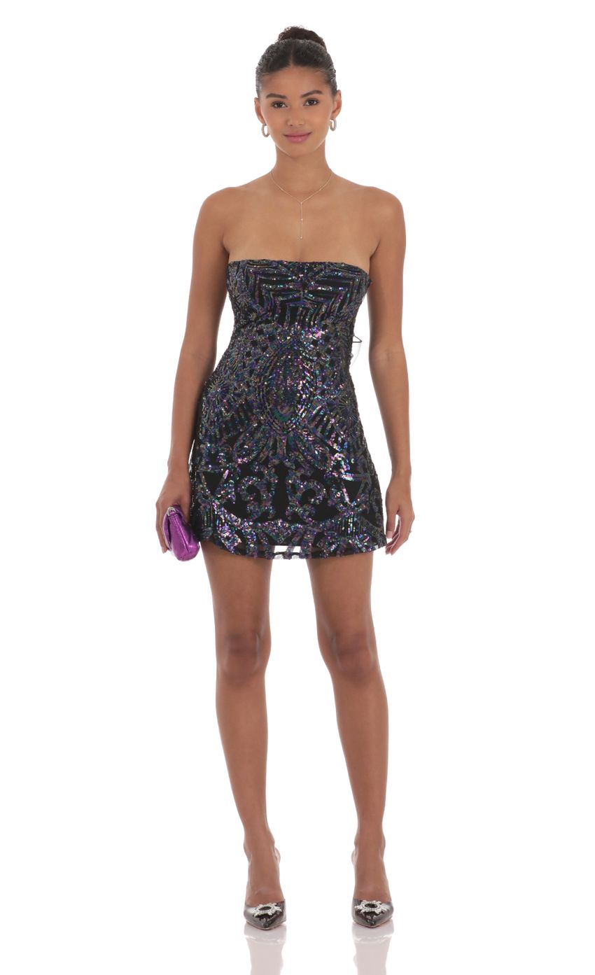 Picture Sequin Mesh Strapless Dress in Black. Source: https://media-img.lucyinthesky.com/data/Sep24/850xAUTO/fa83a459-cf3a-4327-8478-4007c8bf7850.jpg