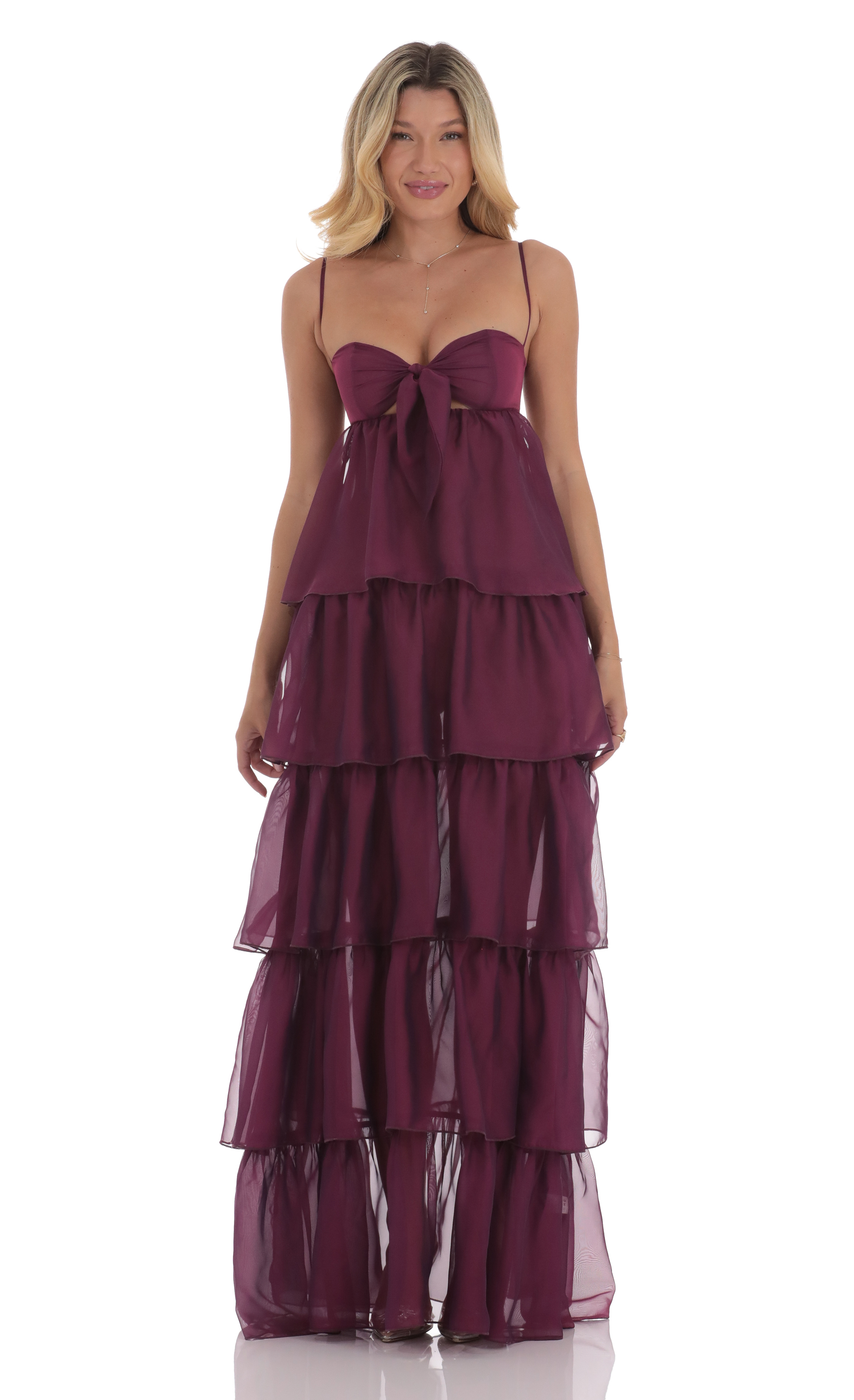 Chiffon Front Tie Ruffle Dress in Plum