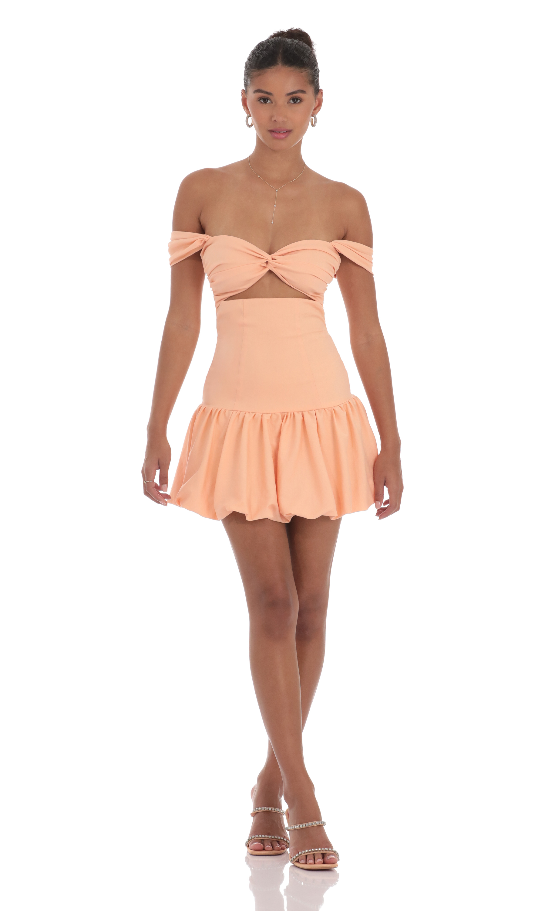 Off Shoulder Cutout Bubble Dress in Orange