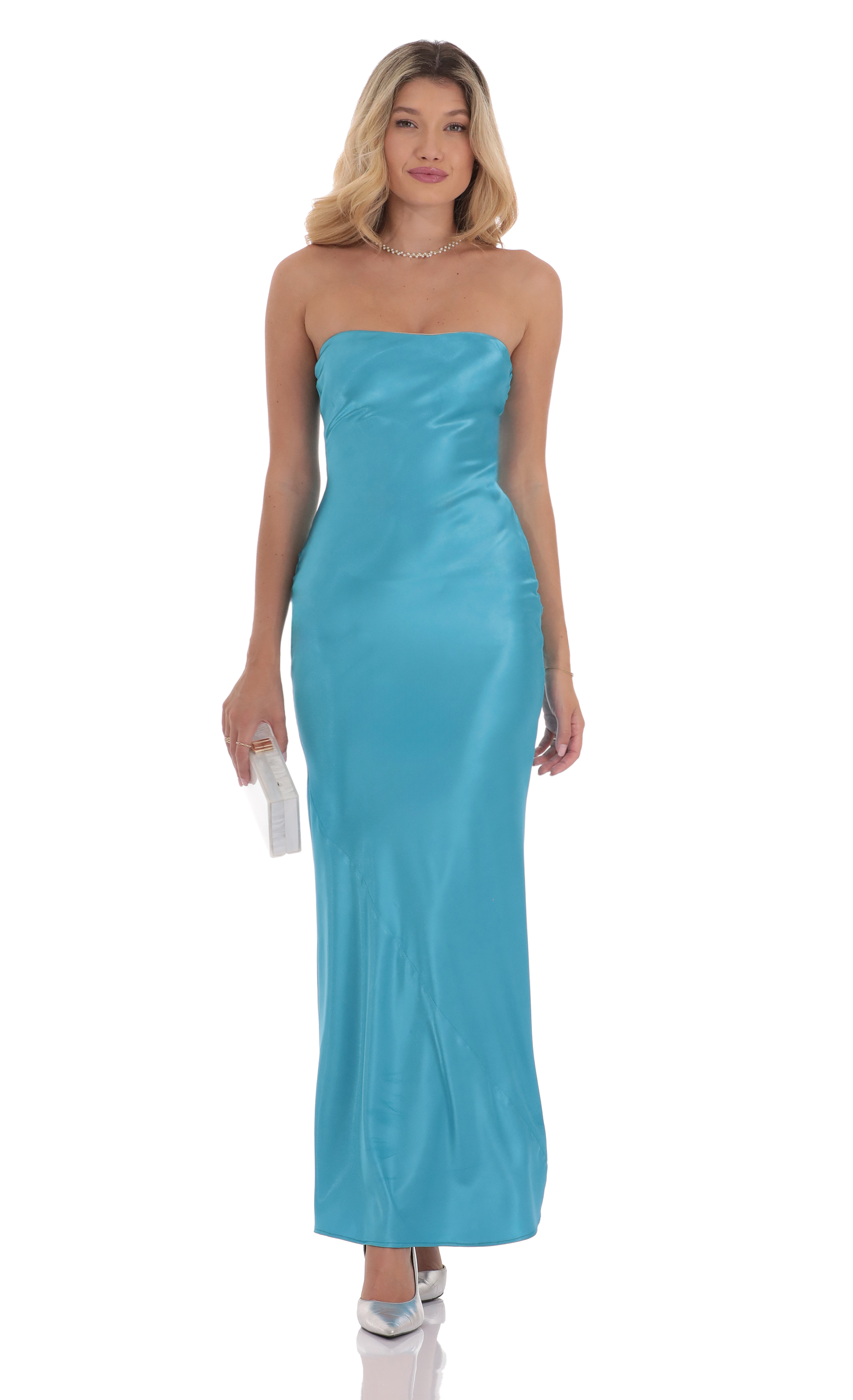 Satin Strapless Maxi Dress in Aqua Blue