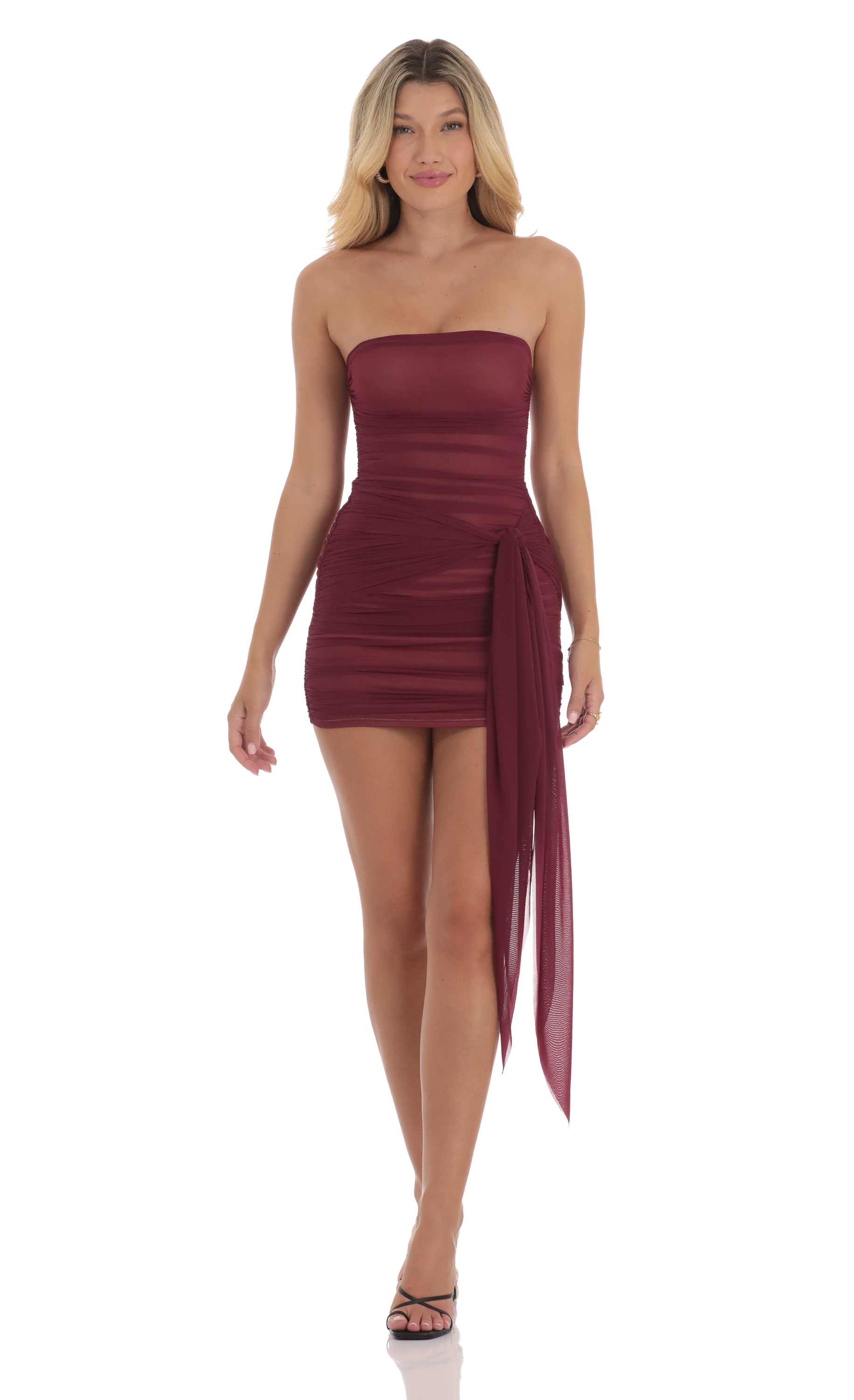 Mesh Tie Tassel Bodycon Dress in Burgundy