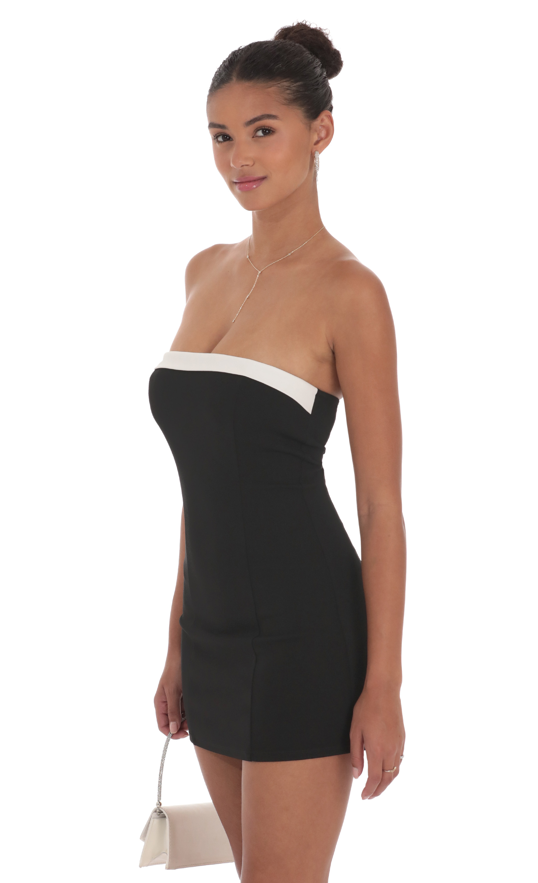 White Trim Strapless Dress in Black