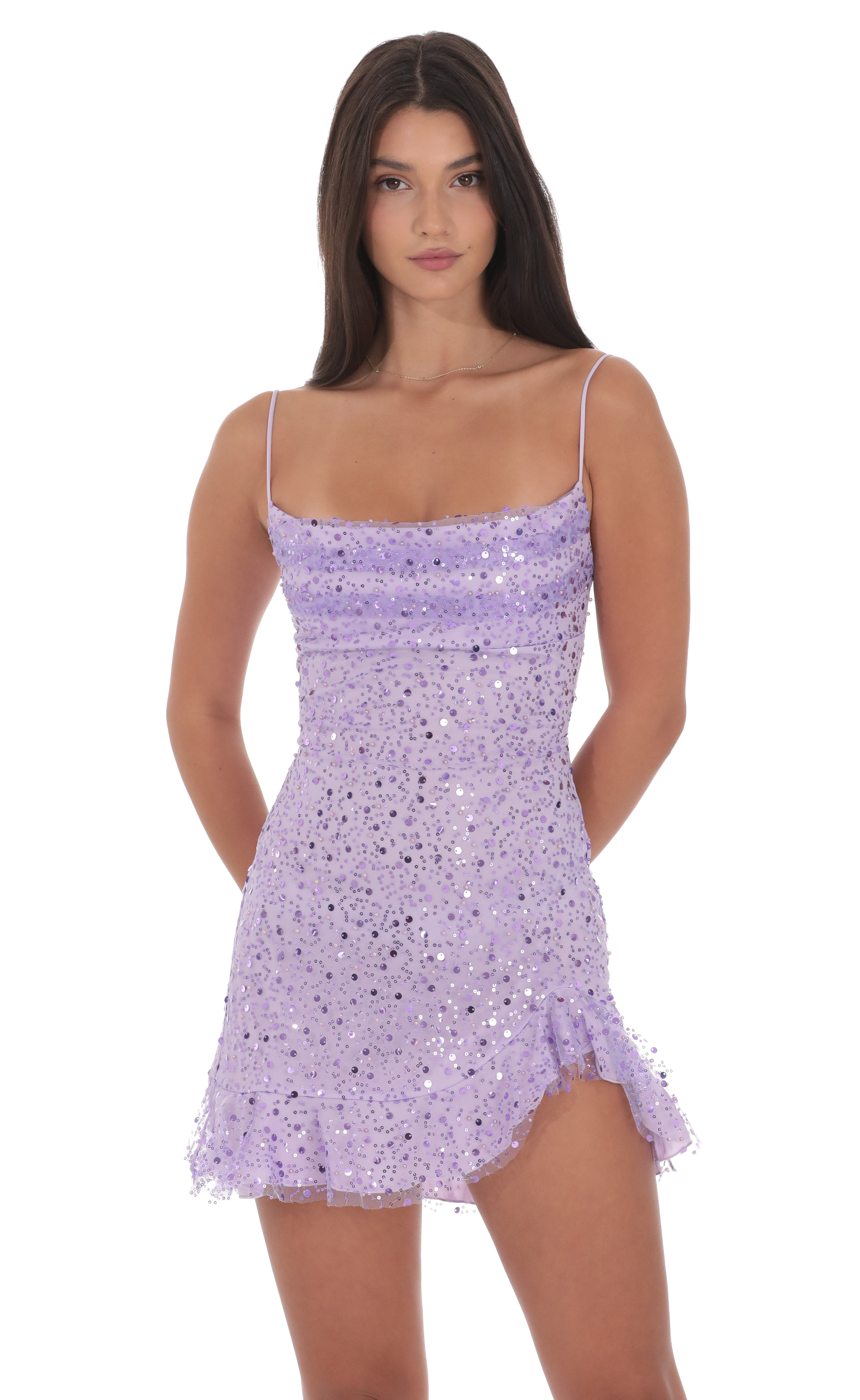 Sequin Beaded Ruffled Slit Dress in Lavender