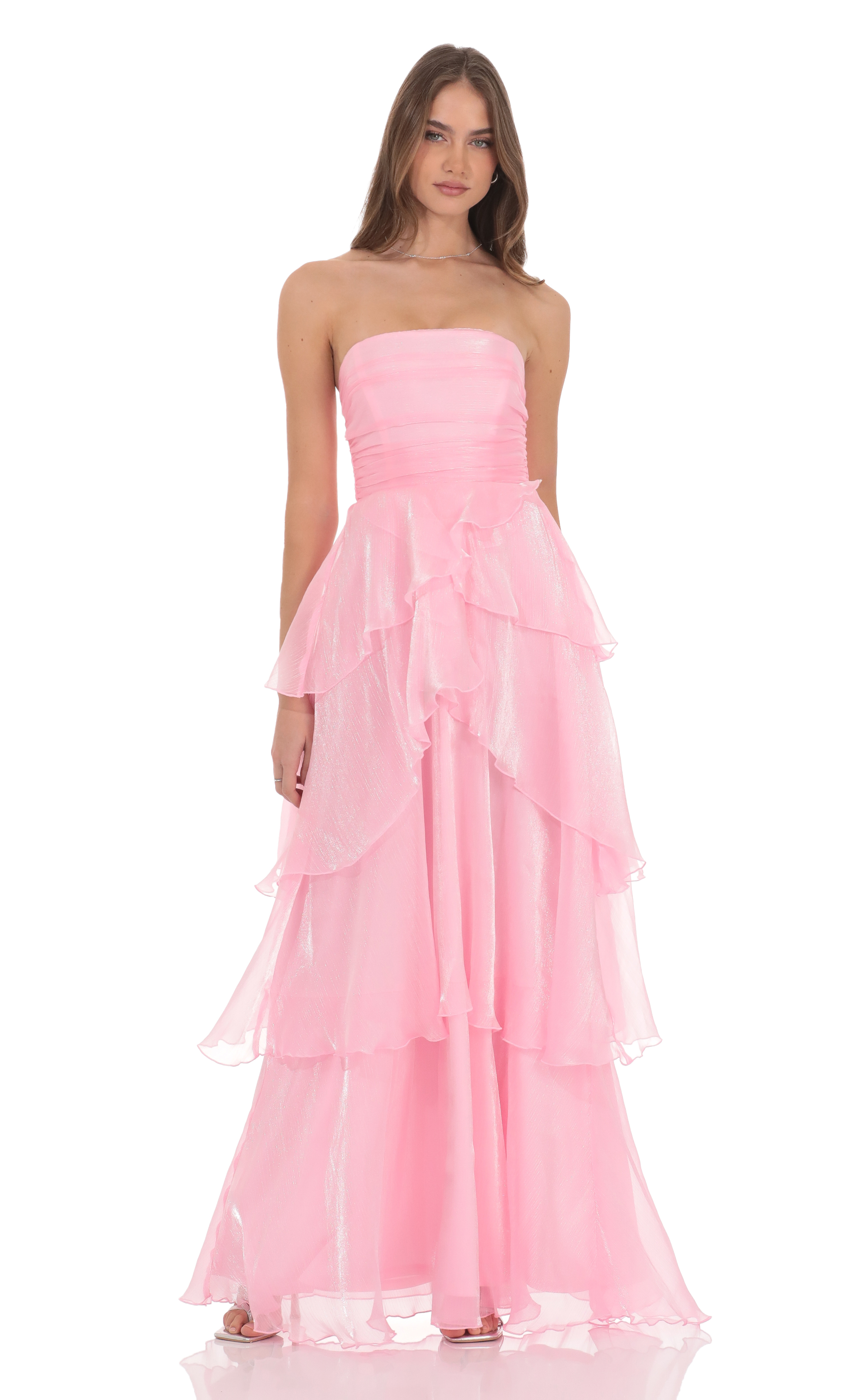 Corset Petal Ruffle Strapless Maxi Dress in Pink