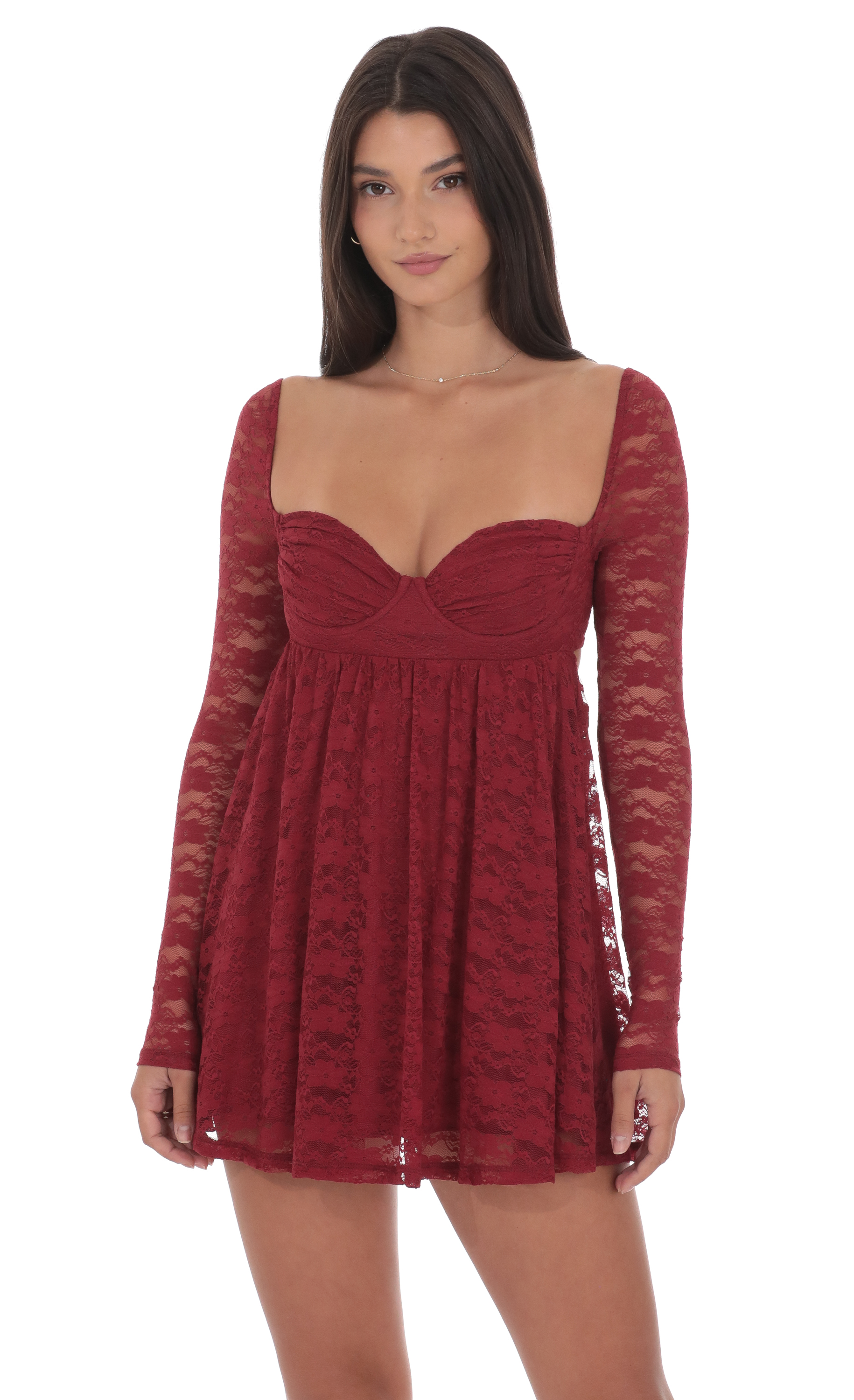Lace Long Sleeve Babydoll Dress in Maroon