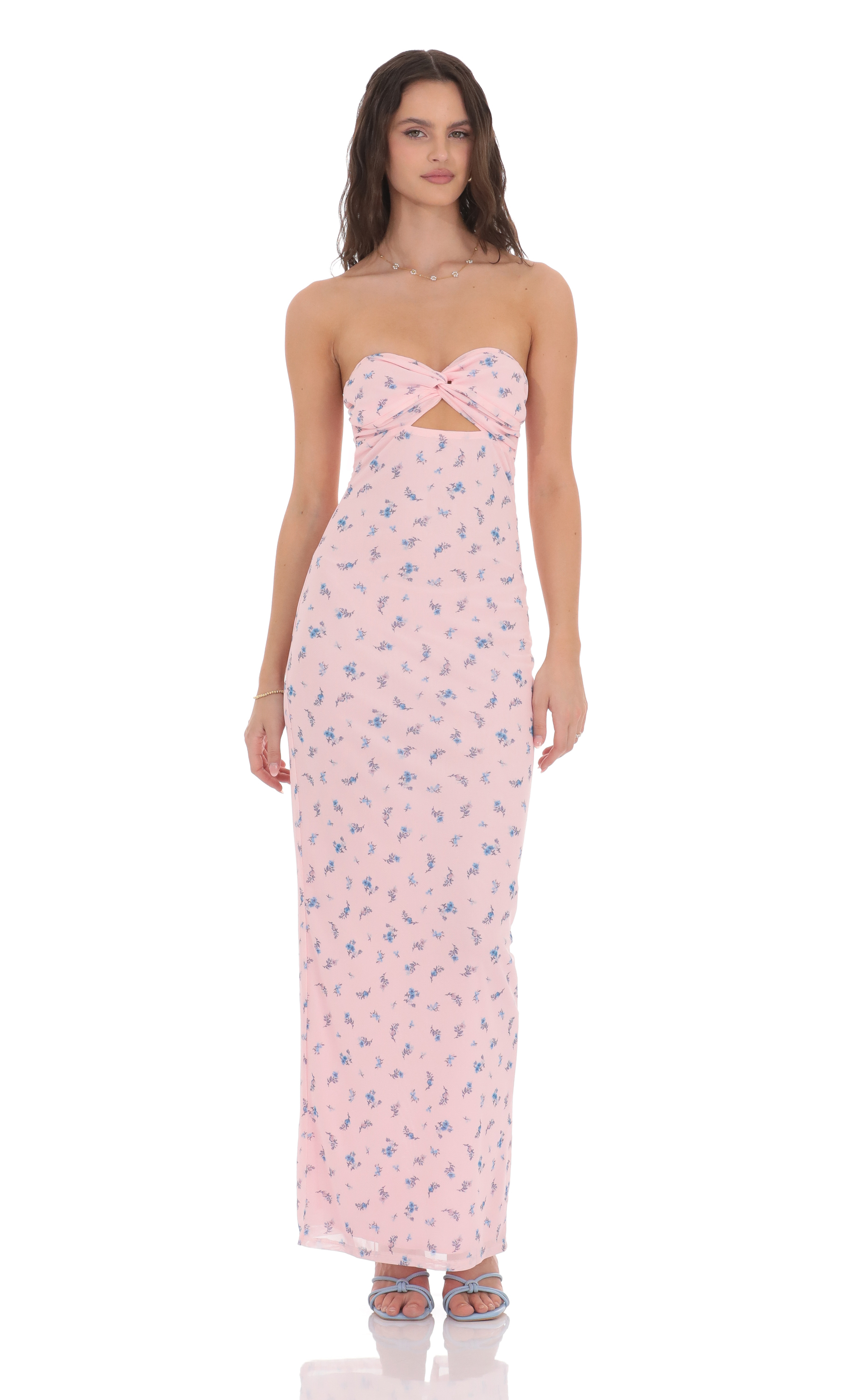 Mesh Floral Strapless Cutout Maxi Dress in Pink