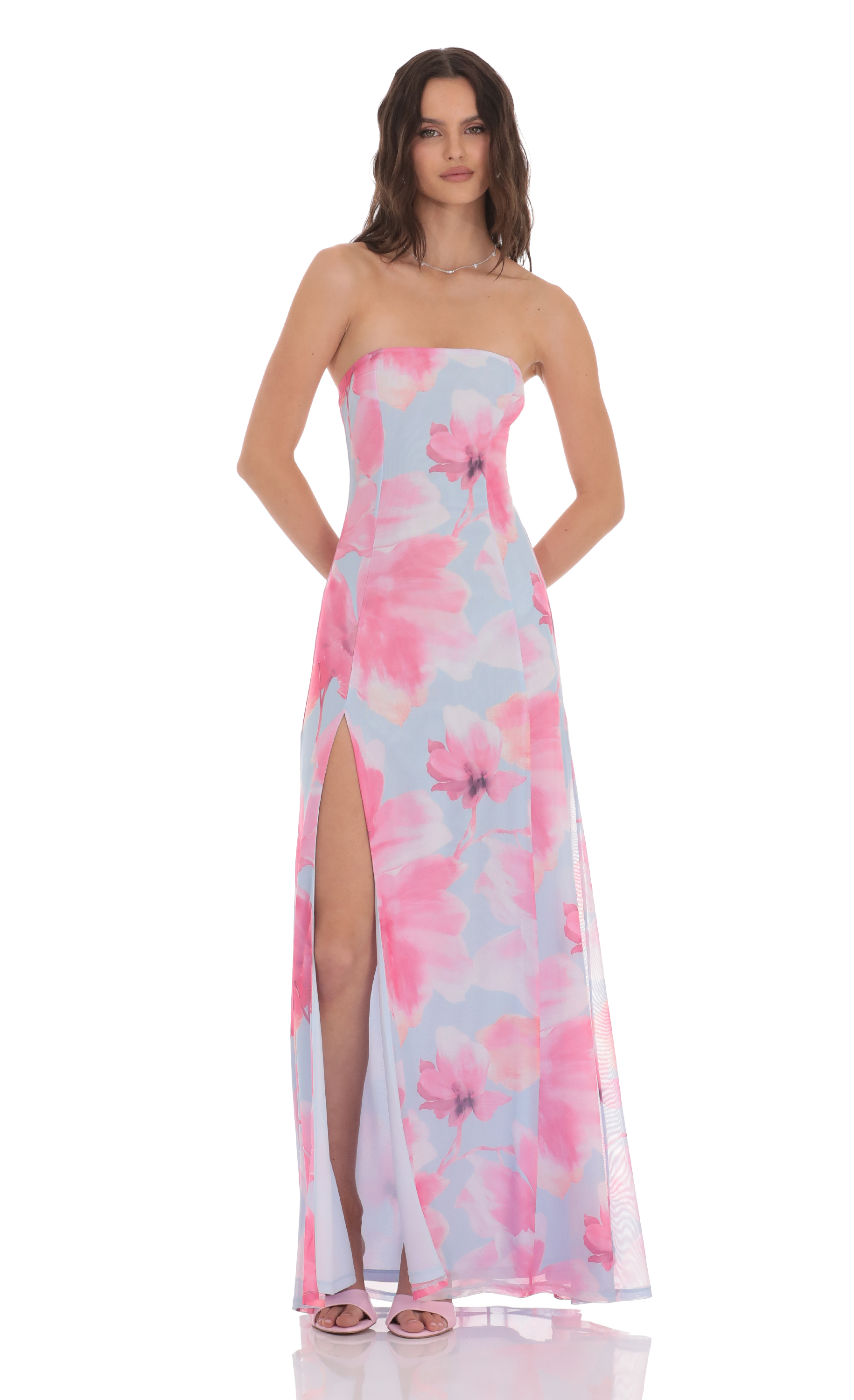 Floral Mesh Strapless Dress in Light Blue