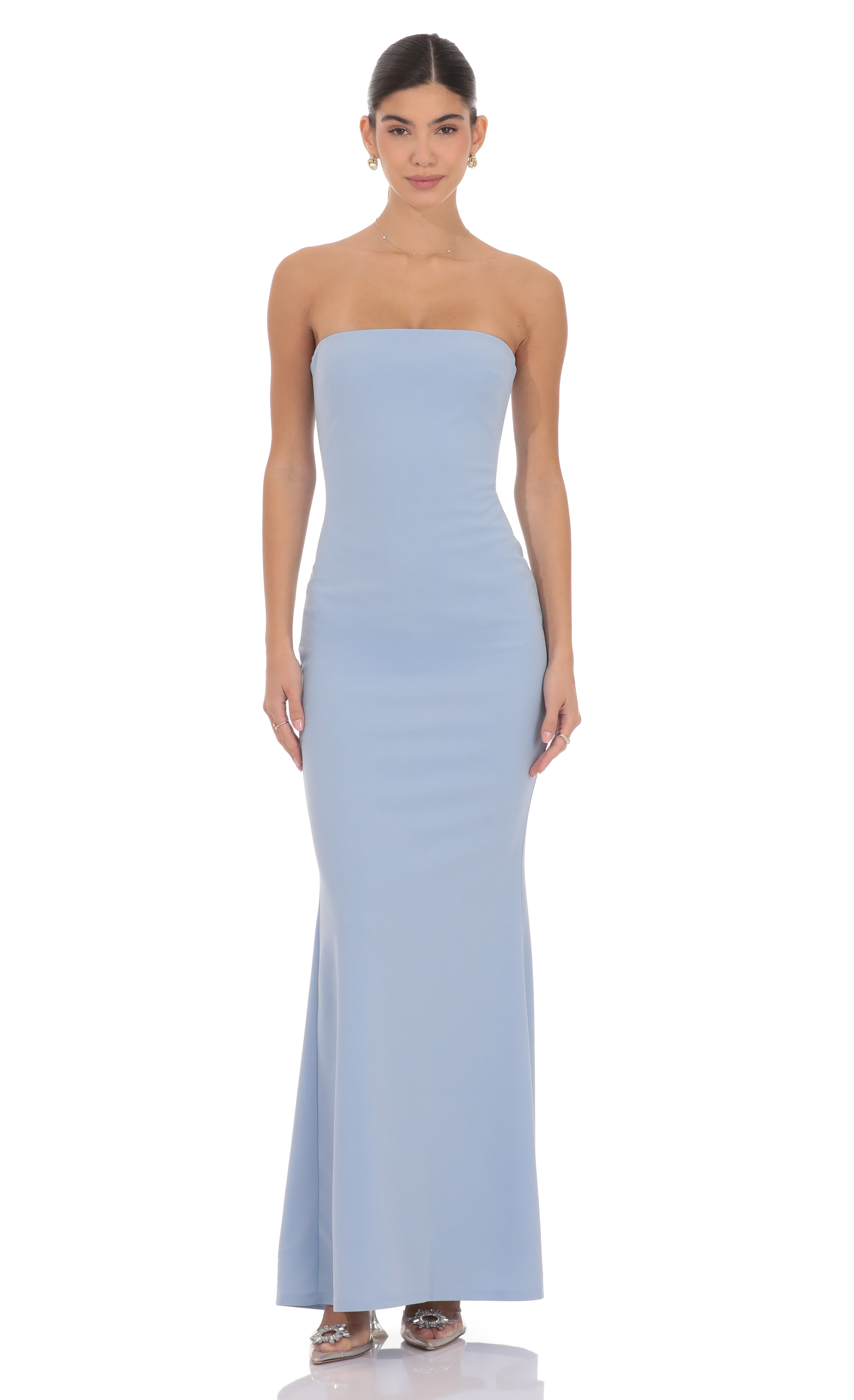 Back Bow Strapless Maxi Dress in Light Blue