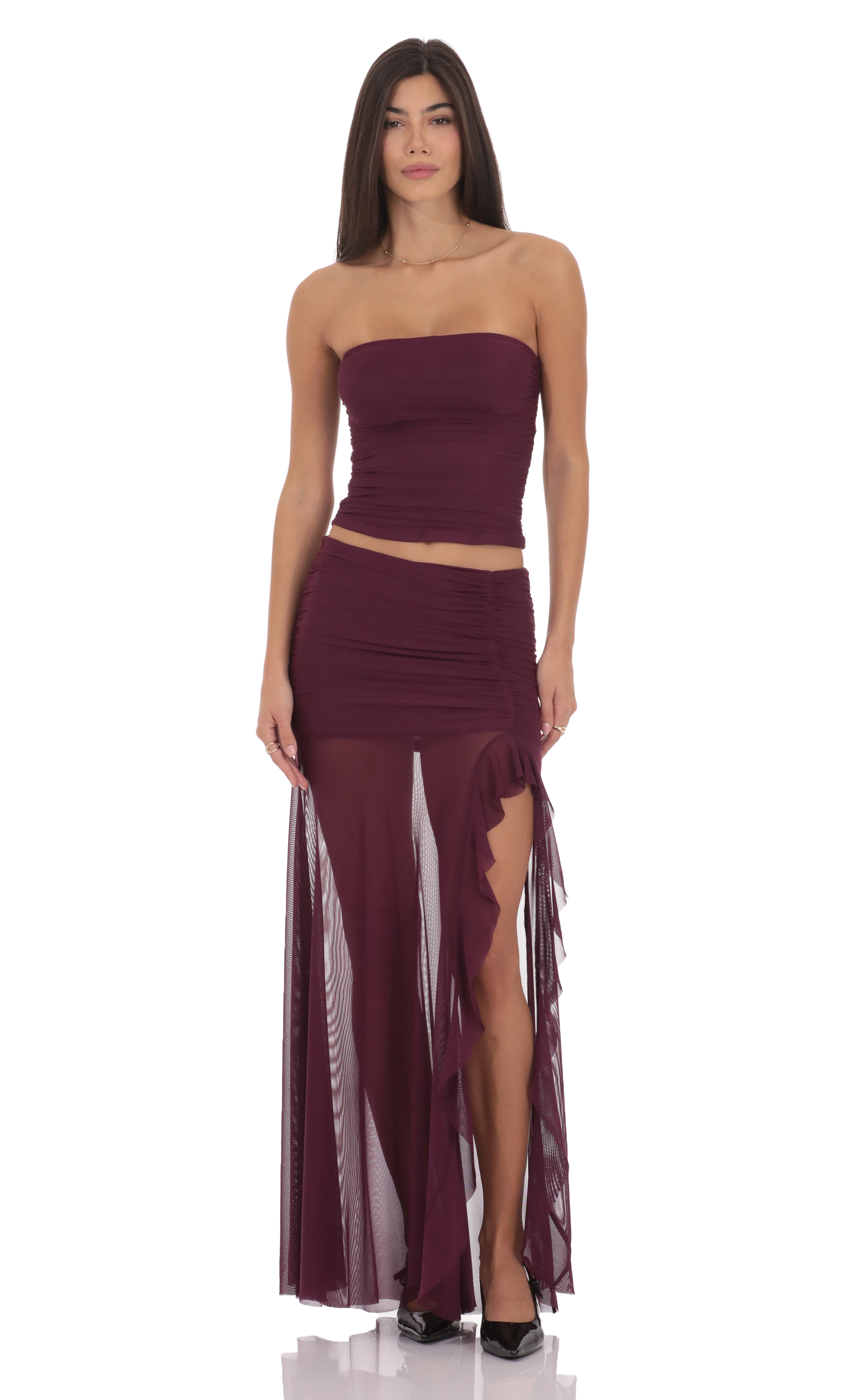 Mesh Fishtail Maxi Skirt in Plum