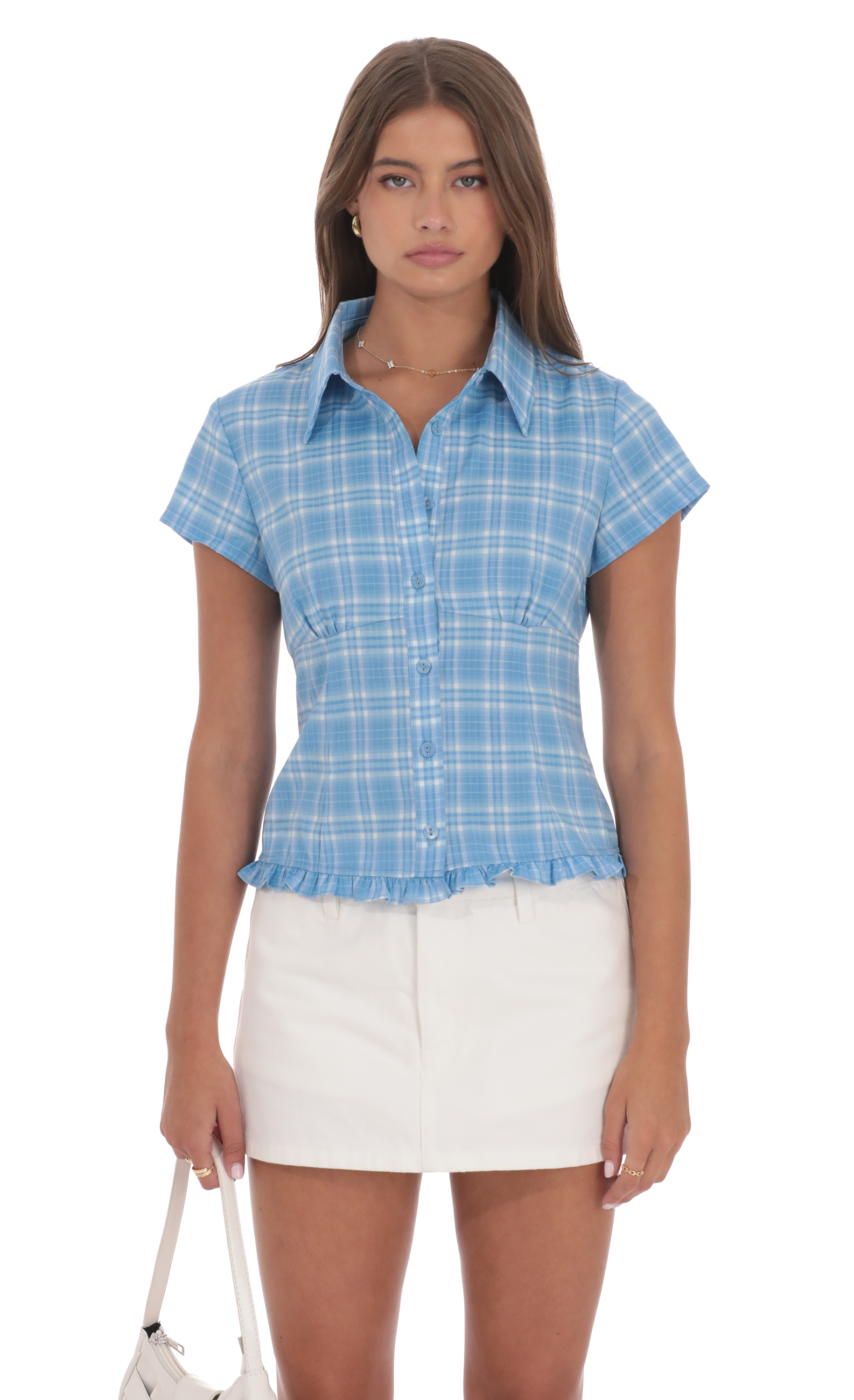 Plaid Button-Up Ruffle Top in Blue
