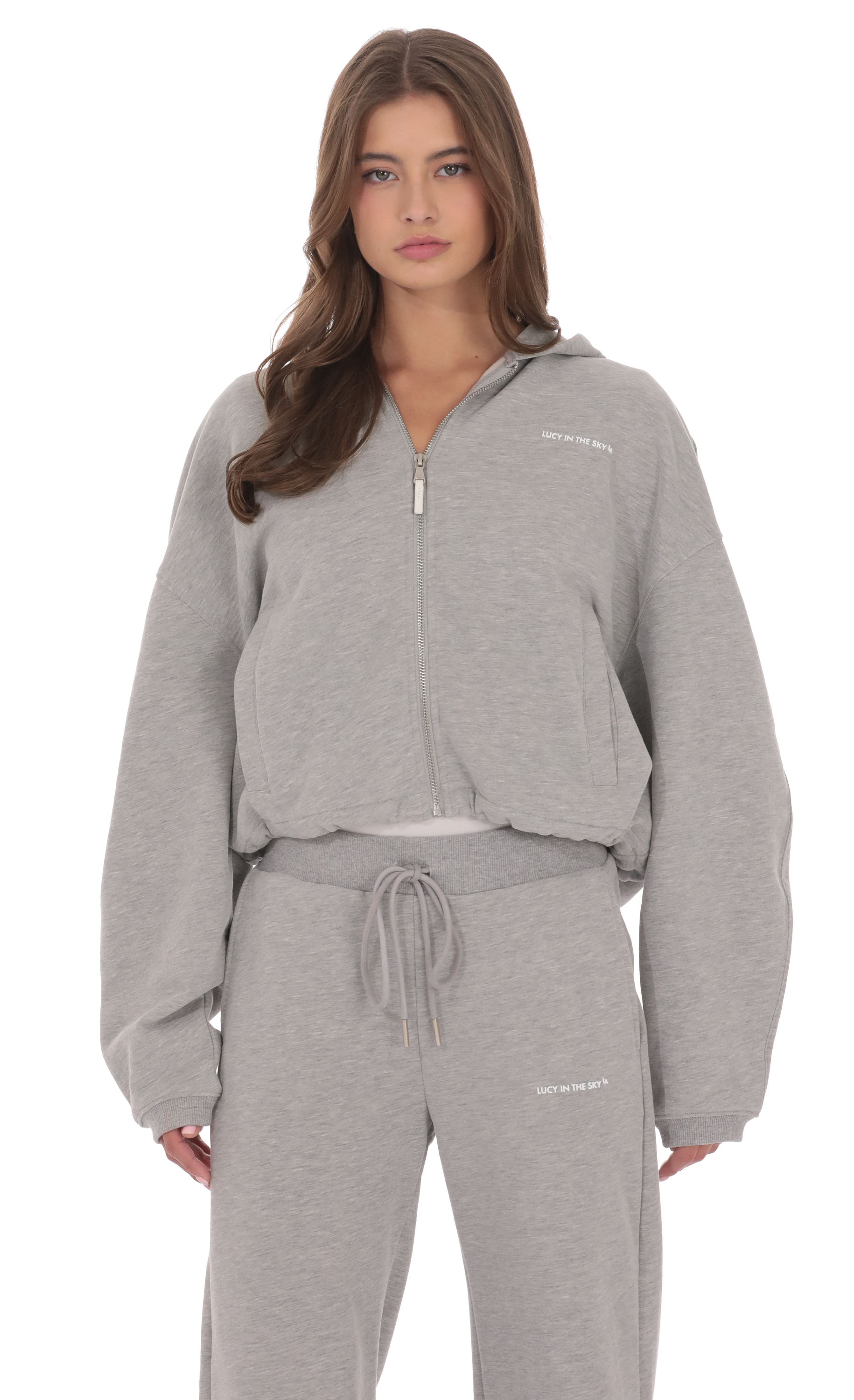 Cropped Fleece Zip-Up Hoodie in Grey