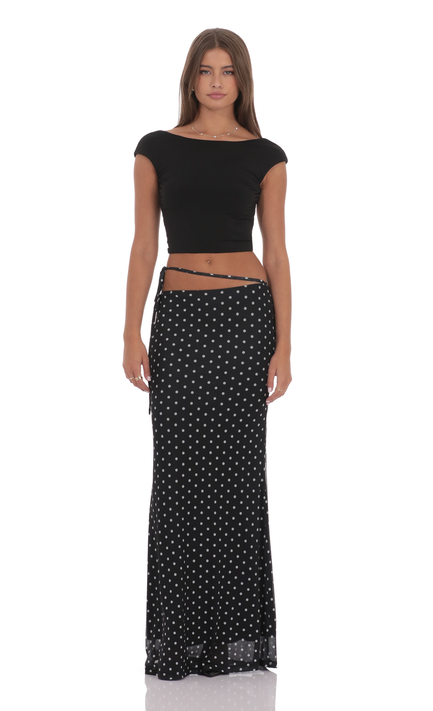 Mesh Polka Dot Wrap Maxi Skirt in Black