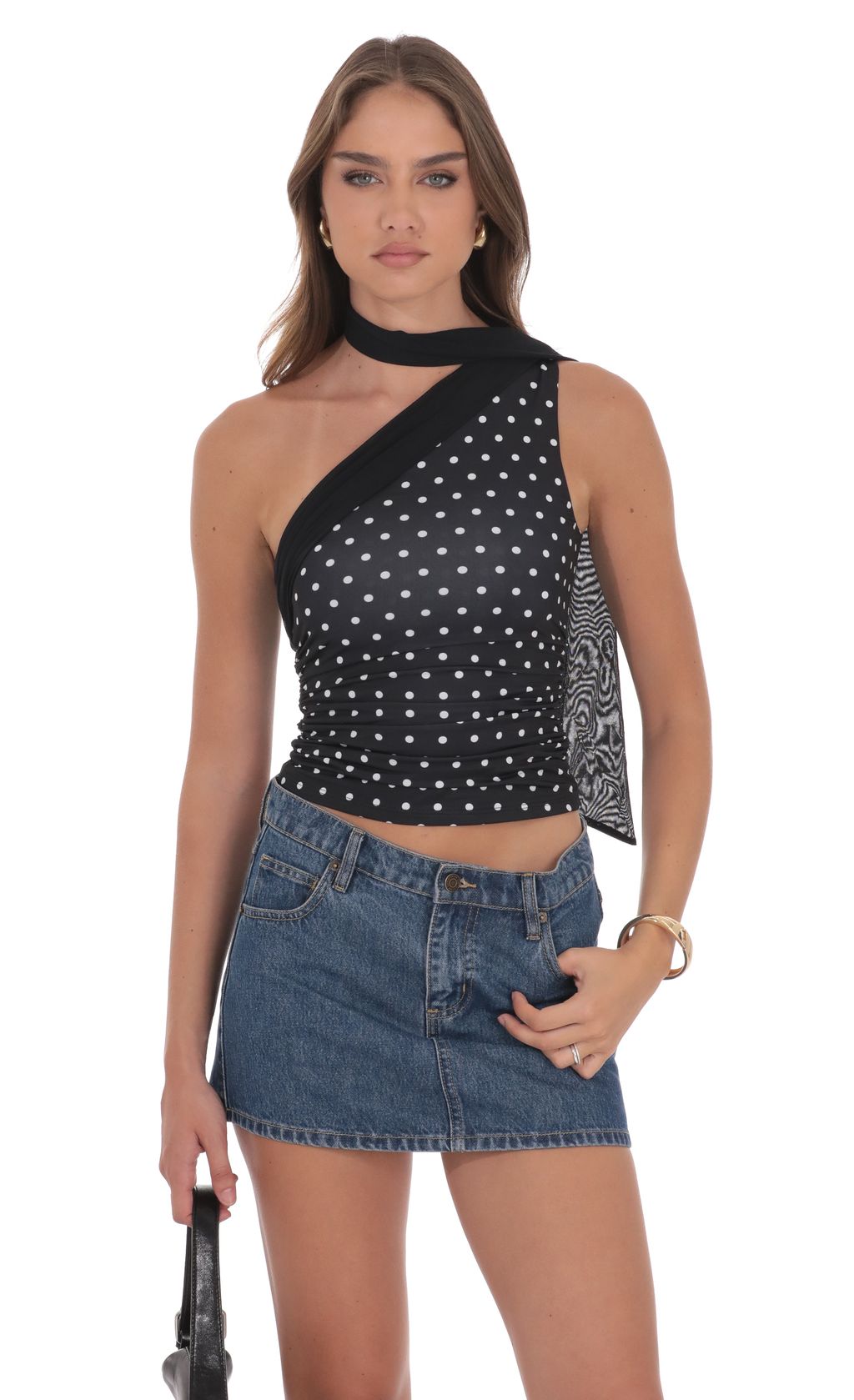 Mesh Scarf Polka Dot Halter Top In Black by Lucy in the Sky
