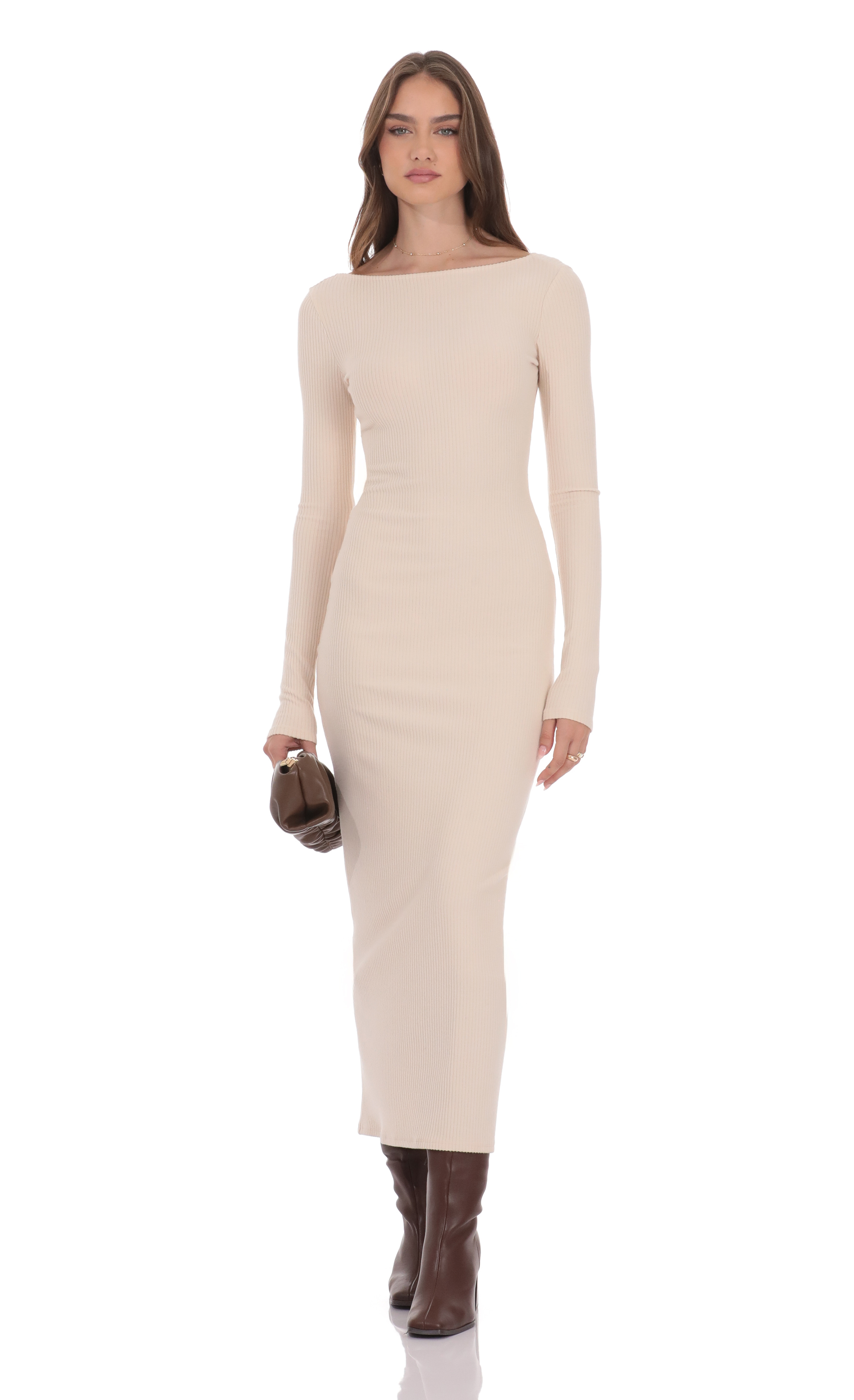 Ribbed Open Back Maxi Dress in Cream