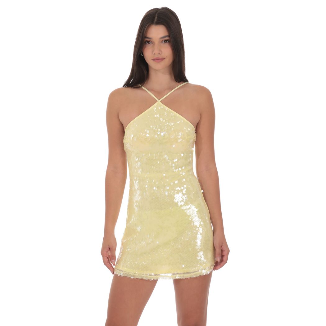 Sequin Halter Dress in Yellow for wholesale by Lucy In The Sky