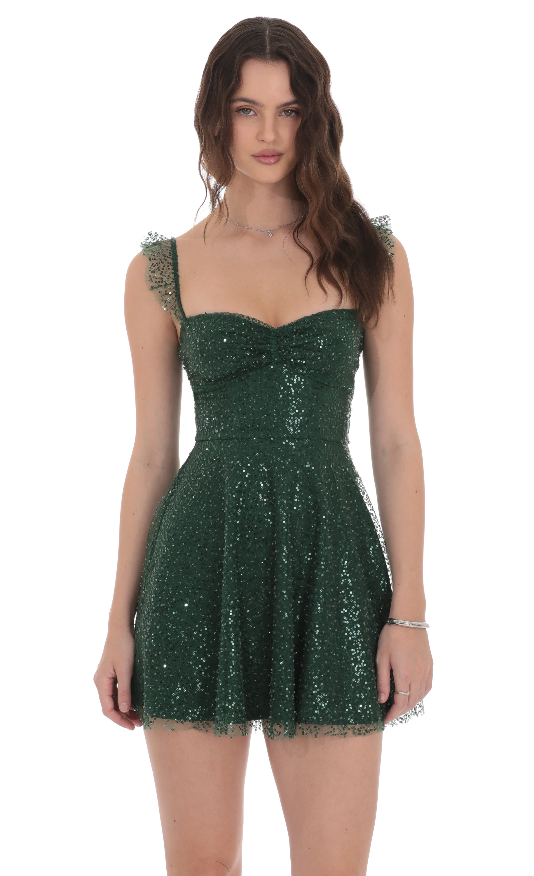Sequin Ruffle Strap A-Line Dress in Green