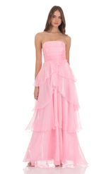 Product image for Corset Petal Ruffle Strapless Maxi Dress in Pink
