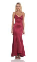 Picture of Satin Open Back Mermaid Maxi Dress in Maroon