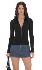 Product image for Fur Collar Zip-Up Cardigan in Black
