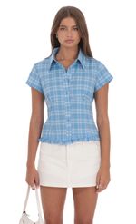 Product image for Plaid Button-Up Ruffle Top in Blue