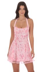 Product image for Floral Striped Halter Open Back Dress in Black and White