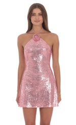Product image for Sequin Florette Halter Dress in Pink