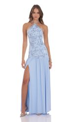 Product image for Drop Waist Sequin Maxi Dress in Light Blue