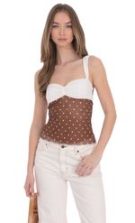 Product image for Two-Toned Mesh Polka Dot Top in Brown and White