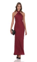 Product image for Satin Cross Halter Maxi Dress in Wine