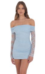Product image for Off Shoulder Long Sleeve Lace Dress in Light Blue