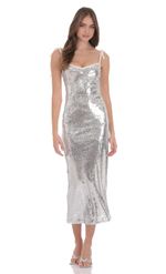Product image for Sequin Shoulder Tie Maxi Dress in Silver