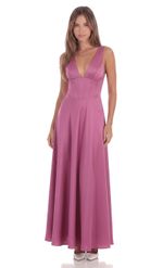 Product image for Satin Plunge Neck Corset Maxi Dress in Magenta