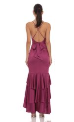 Product image for Satin Ruffle Fishtail Maxi Dress in Magenta