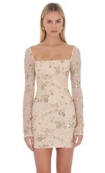 Product image for Beaded Long Sleeve Mini Dress in Champagne