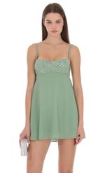 Product image for Beaded Bust Babydoll Mini Dress in Sage