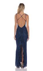 Product image for Foil Back Ruffle Maxi Dress in Navy